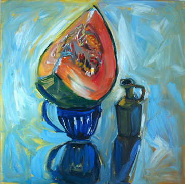 What's Inside; Sliced CanaCantaloupe, Blue Cup, Vase